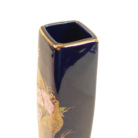 Asian Style Vase Peacock Pink Peonies Cobalt Blue Bright Gold Gilding Vintage 9" - Picture 5 of 11